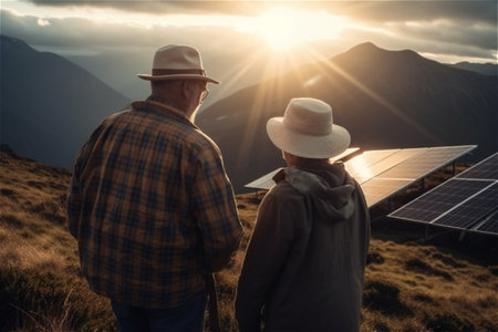 Rear view of senior couple in front solar panels in mountains. Generative AI.の素材