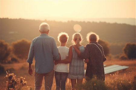 Rear view of grandparents with kids in front of solar panels in sunset field. Generative AI.の素材