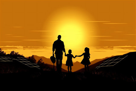 Cartoon illustration of father with daughters and solar panels in sunset. Generative AI.の素材