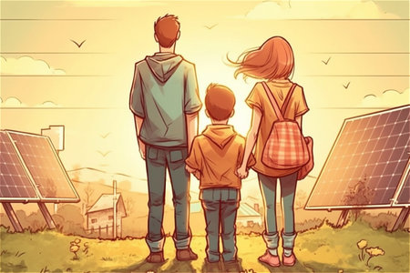 Cartoon illustration of family and solar panels house. Generative AI.の素材