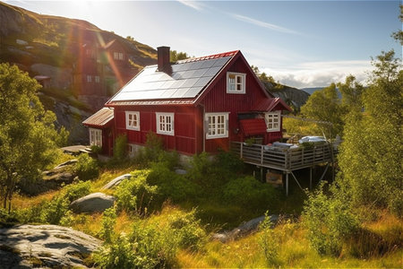Red norwegian house with solar panels. Generative AI.の素材
