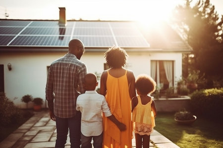 Rear view of african american family front house with solar panels. Generative AI.の素材