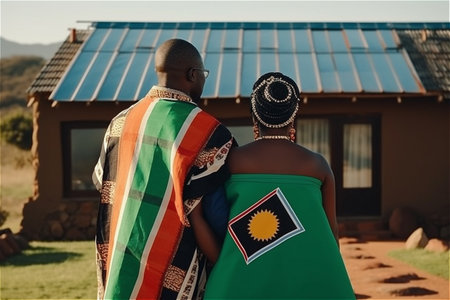 Rear view of rich african couple in traditional clothes front solar panels house in South Africa. Generative AI.の素材