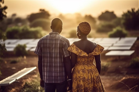 Rear view of african couple front solar panels in field. Generative AI.の素材