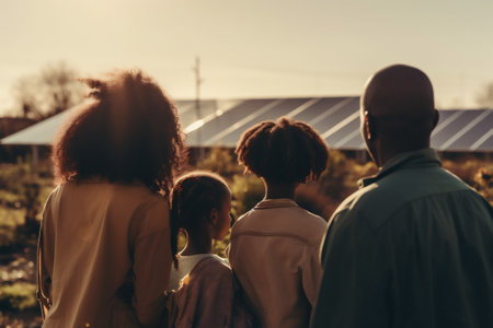 Rear view of african american family front solar panels. Generative AI.の素材