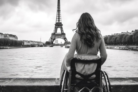 Exploring Paris as a wheelchair user. Back of disabled woman looking on Eiffel tower. Generative AI.の素材
