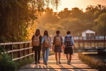 Back of walking asian teenager students with backpack at sunset. Generative AI.の素材