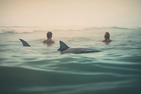 Great white shark attacking a swimmers on sea. Generative AI.の素材