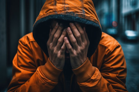 Homeless man cover his face hands. Generative AI.の素材