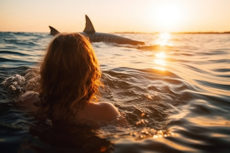 Great white shark attacking woman swimming on sea. Generative AI.の素材