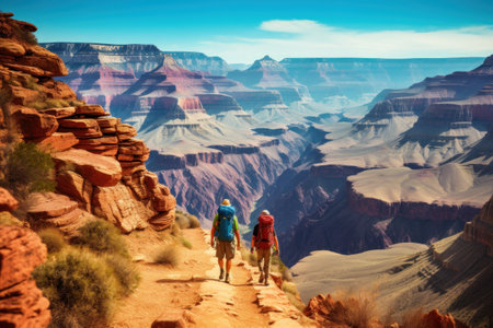 Hiking travel. Friends with backpacks walk on Grand Canyon National Park, USA. Generative AI.の素材