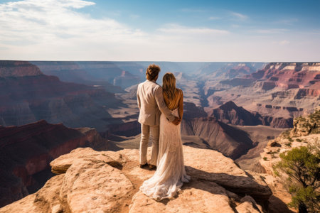 Wedding couple at the edge of the Grand Canyon National Park, USA. Generative AI.の素材