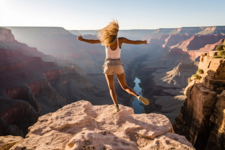 Woman jump on top of mountain Grand Canyon National Park, USA. Generative AI.の素材
