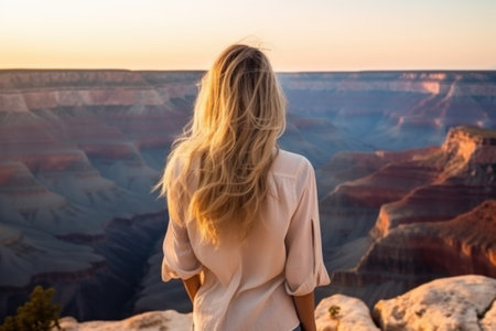 Woman stand on top of mountain Grand Canyon National Park, USA. Generative AI.の素材