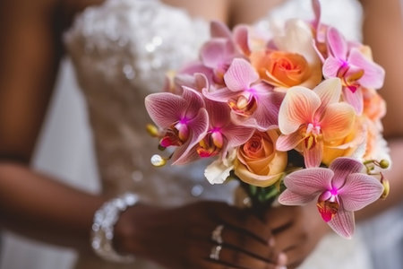 Hands of black bride with wedding bouquet. Generative AI.の素材