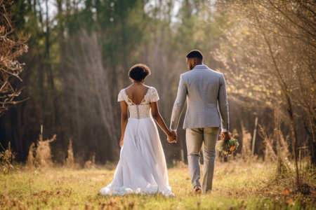 African american couple in sunlight at wedding day. Generative AI.の素材