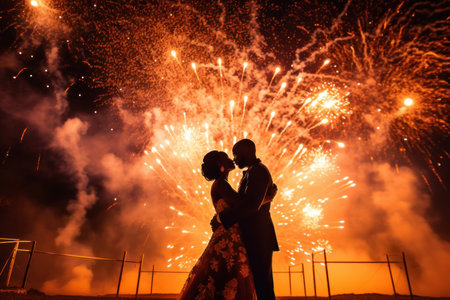 Black wedding couple against fireworks at night. Generative AI.の素材