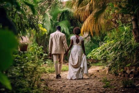 African couple in traditional wedding clothes walking at Africa. Generative AI.の素材