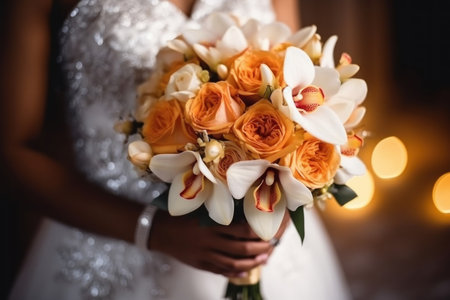 Hands of black bride with wedding bouquet. Generative AI.の素材