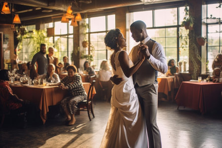 First wedding dance of african american newlywed couple. Generative AI.の素材