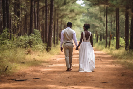 Good looking african american couple walking in forest at wedding day. Generative AI.の素材
