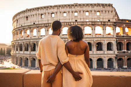 African american couple against Colosseum, Rome, Italy.  Tourists in love, visiting italian famous landmarks. Generative AI.の素材