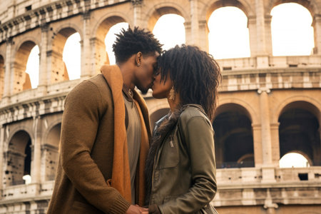 African american couple kissing against Colosseum, Rome, Italy.  Tourists in love, visiting italian famous landmarks. Generative AI.の素材