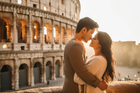 Indian couple kissing against Colosseum, Rome, Italy.  Tourists in love, visiting italian famous landmarks. Generative AI.の素材