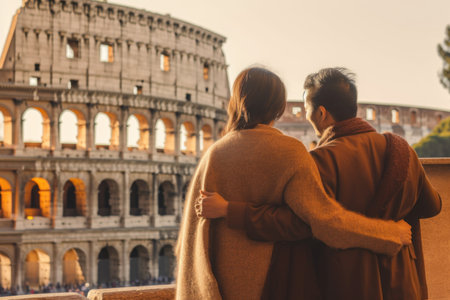 Asian couple against Colosseum, Rome, Italy.  Tourists in love, visiting italian famous landmarks. Generative AI.の素材