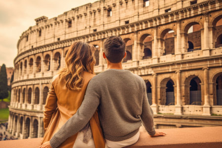 Couple against Colosseum, Rome, Italy.  Tourists in love, visiting italian famous landmarks. Generative AI.の素材