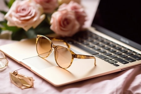Workplace with laptop and women accessories, sunglasses, flowers. Flat lay. Generative AI.の素材
