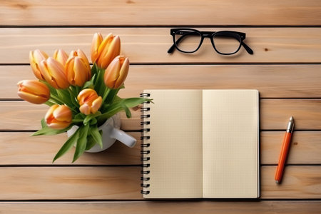 Flat lay blank paper sheet, wooden background, tulips eyeglasses top view with empty copy space. Generative AI.の素材