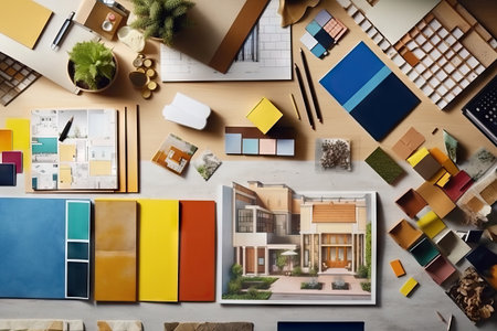 Creative architect moodboard composition with samples, flat lay. Generative AI.の素材