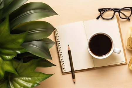 Flat lay blank paper sheet background, top view coffee cup, eyeglasses. Generative AI.の素材