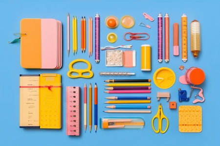 Colorful stationary school supplies on blue background, flat lay. Generative AI.の素材