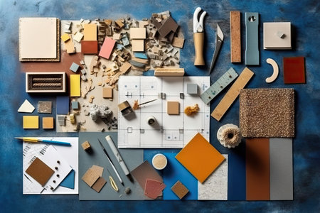 Creative architect moodboard composition with samples, flat lay. Generative AI.の素材