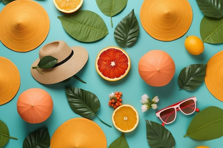 Summer background flat lay. Generative AI.の素材