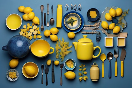 Yellow and blue items background, flat lay. Generative AI.の素材