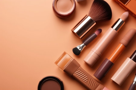 Natural cosmetic products at color pastel background. Top view image, flat lay. Generative AI.の素材