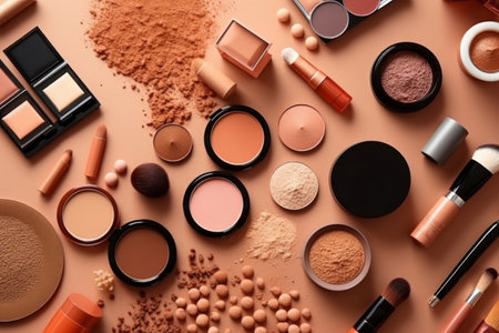 Natural cosmetic products at color pastel background. Top view image, flat lay. Generative AI.の素材