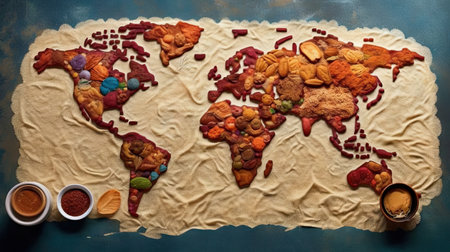World map in food background. Generative AI.の素材