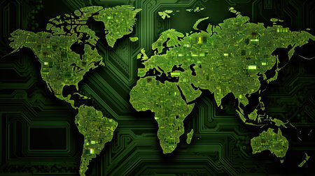 World map green pcb texture background. Generative AI.の素材
