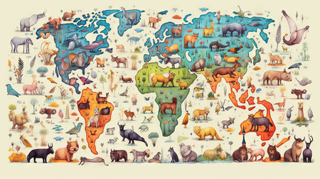 World map with cartoon animals background. Generative AI.の素材