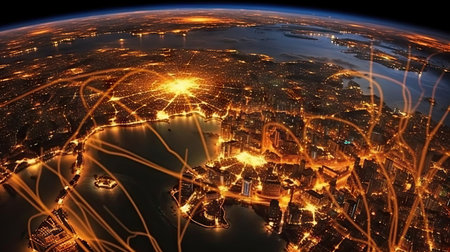 World map satellite picture, view of city lights background. Generative AI.の素材