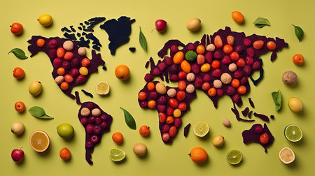 World map in fruits background. Generative AI.の素材