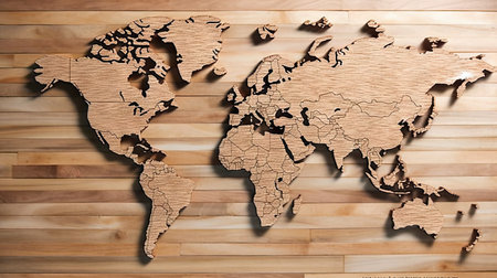 World map wooden background. Generative AI.の素材