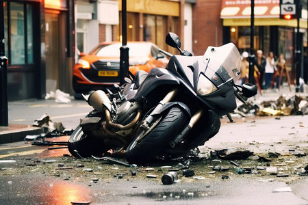 Motorcycle crash accident on street, damaged bycicles after collision in city. Generative AI.の素材