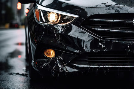 Car crash accident on street, damaged automobile. Generative AI.の素材