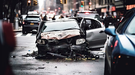 Rollover car crash accident on street of city. Generative AI.の素材