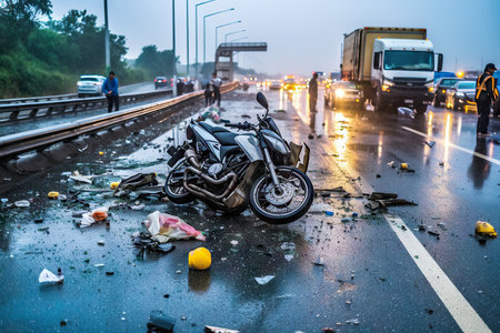 Car crash accident with motorbike on road. Generative AI.の素材